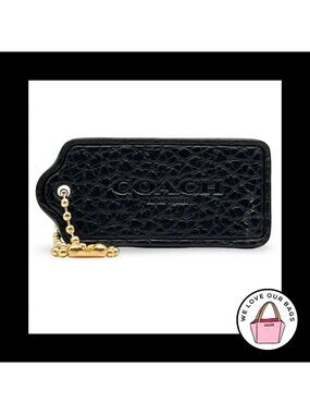 2.25" COACH NEW YORK Black Pebbled Leather Brass Fob Bag Charm Keychain Hang Tag
